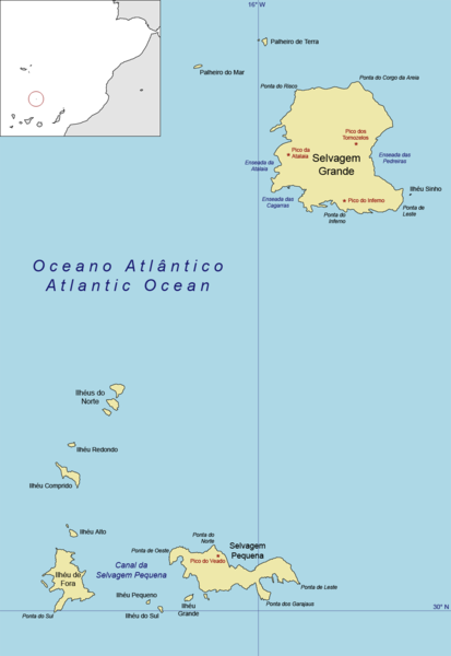 Mapa de las Islas Salvajes (tomado de http://go2.wordpress.com/?id=725X1342&site=fronterasblog.wordpress.com&url=http%3A%2F%2Fes.wikipedia.org%2Fwiki%2FArchivo%3ASelvagens.png&sref=http%3A%2F%2Ffronterasblog.wordpress.com%2F2010%2F07%2F26%2Flas-islas-salvajes-la-disputa-mas-larga%2F)